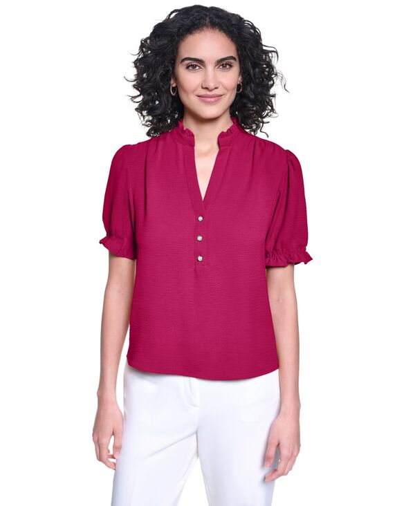 カール ラガーフェルド レディース トップス シャツ Vネック 半袖 ブラウス KARLAGERFELD PARIS Women's V-Neck Short-Sleeve Blouse Currant|ReVida 店