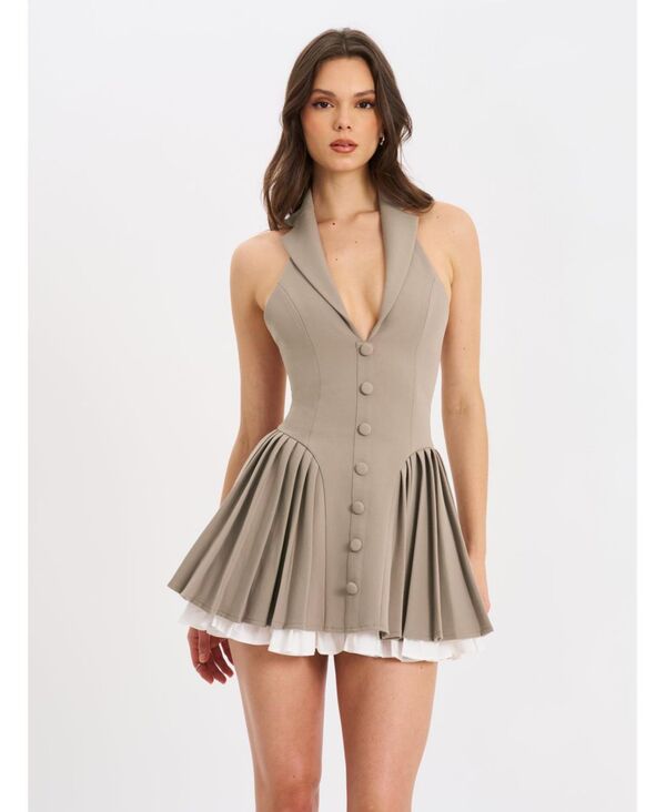 ミスサークル レディース トップス ワンピース プリーツ ミニ ホルター Miss Circle Women's Hazel Brown Preppy Halter Neck Pleated Mini Dress Brown ブラウン｜ReVida 店