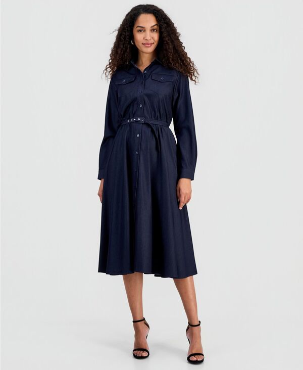 ティー・タハリ レディース トップス ワンピース 長袖 Tahari Women's Belted Button Long-Sleeve Fit & Flare Dress Denim デニム｜ReVida 店