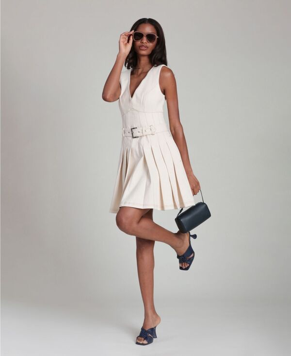 アヴェックレフィーユ レディース トップス ワンピース Vネック プリーツ ミニ Avec Les Filles Women's V-Neck Belted Pleated Mini Dresseeded Ecru エクリュ|ReVida 店