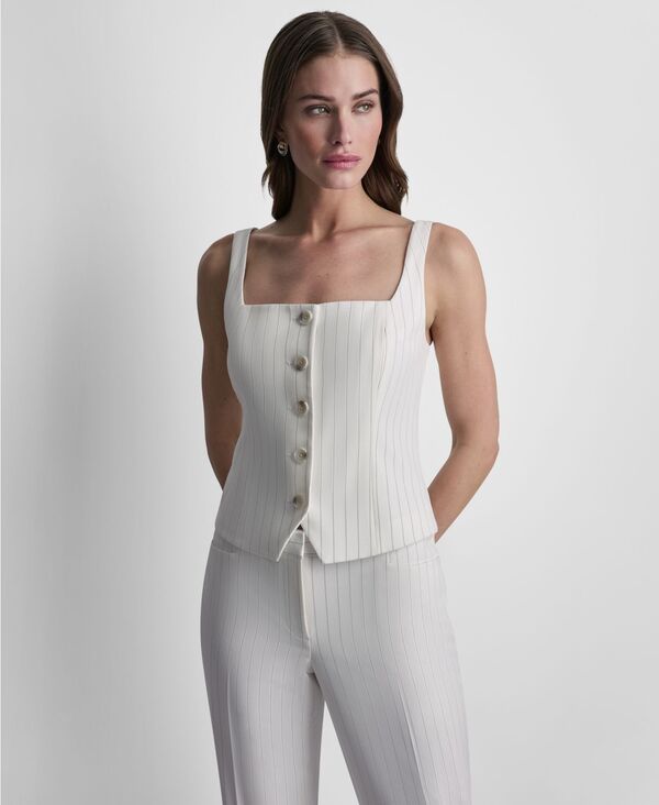 ダナ キャラン ニューヨーク レディース トップス ベスト ノースリーブ DKNY Women'sleeveless Pinstripe Button-Front Vest Ivory / Black アイボリー｜ReVida 店
