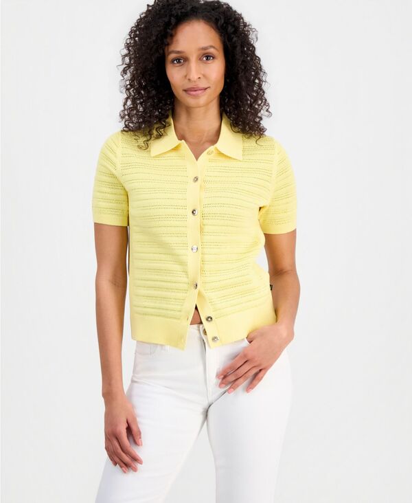 ナウティカ レディース アウター ニット・セーター ポロシャツ カーディガン Nautica Women's Pointelle Knit Cardigan Polo Sweater Sunshine|ReVida 店