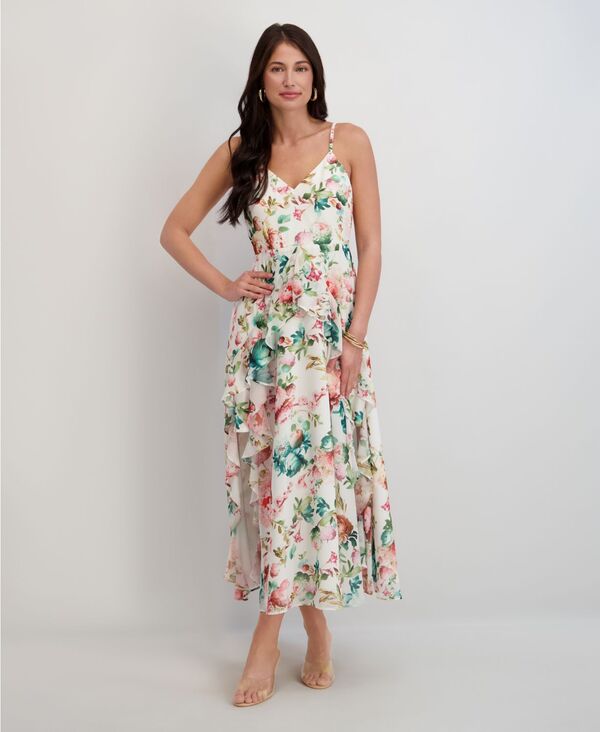 シエナ レディース トップス ワンピース Vネック シフォン プリント Siena Women's Printed Chiffon V-Neck Dress White Multi ホワイト|ReVida 店