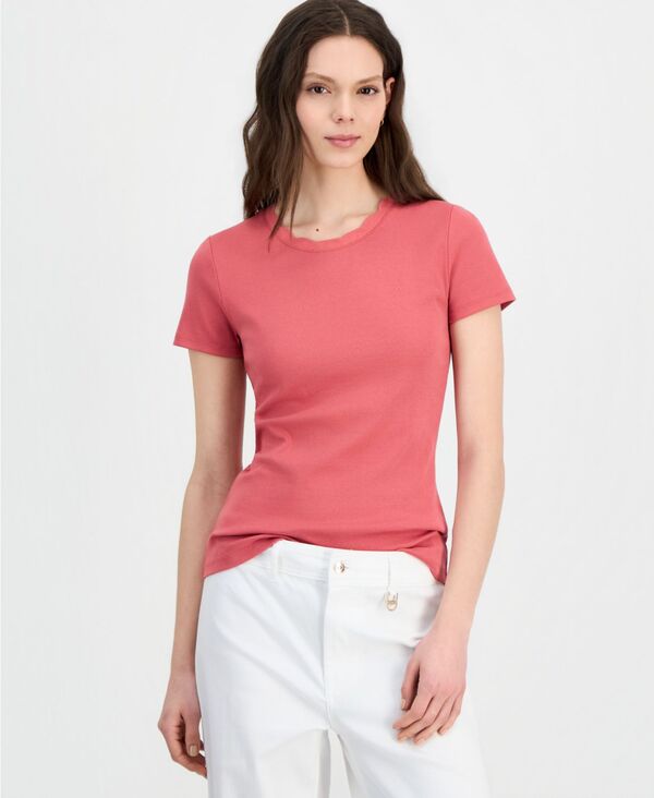 ナウティカ レディース トップス Tシャツ 半袖 コットン Nautica Women'scallop-Trim Cotton Short-Sleeve T-Shirt Mineral Red レッド｜ReVida 店