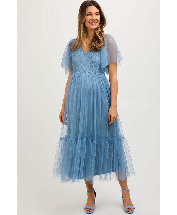 ピンクブラッシュ レディース トップス ワンピース チュール ミディ シャーリング マタニティ Pinkblush Maternity Dotted Tulle Smocked Midi Dress Blue ブルー｜ReVida 店 28,980円