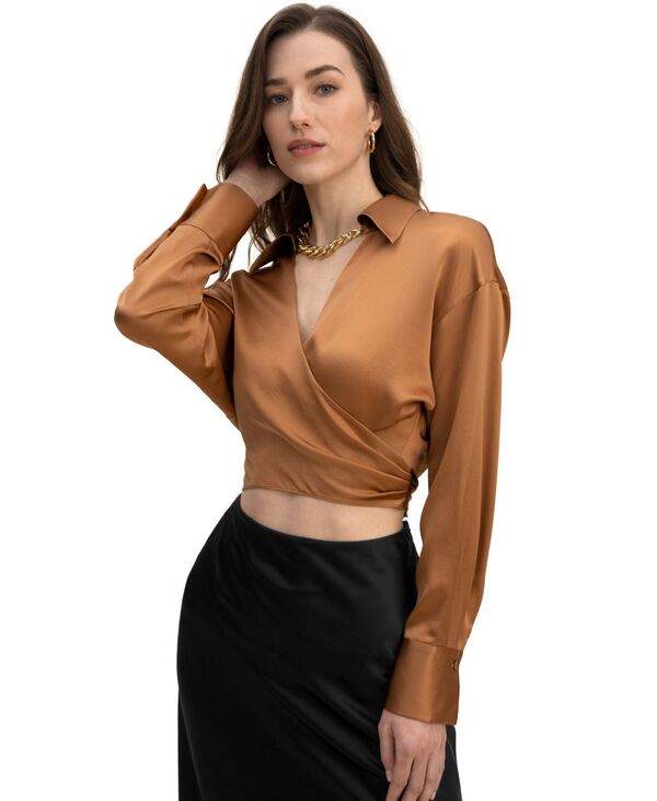 リリーシルク レディース トップス シャツ クロップド ブラウス LILYSILK Women's Pure Silk Blouse Wrapover Cropped Shirtoasted chestnut|ReVida 店