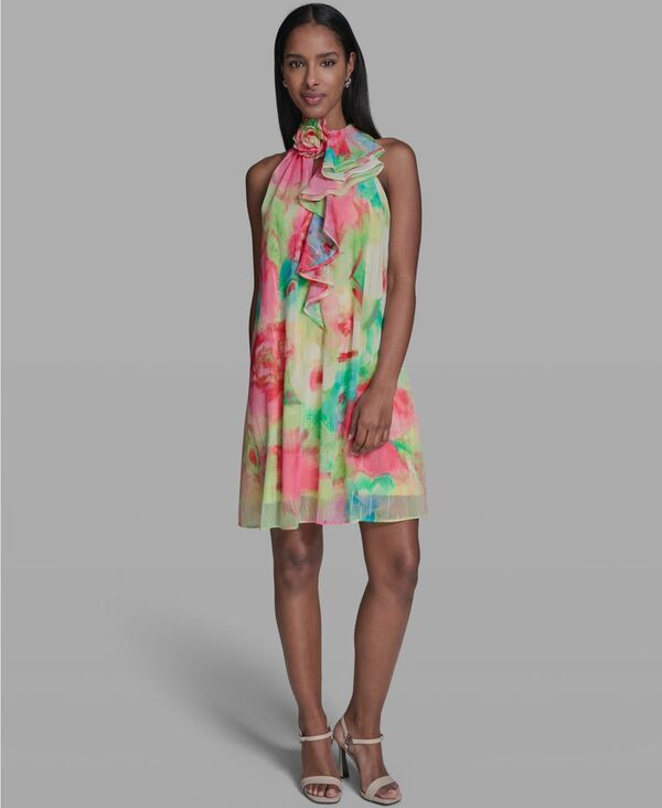 カール ラガーフェルド レディース トップス ワンピース プリント フリル KARLAGERFELD PARIS Women ’ s Printed Ruffle Neck Dress Tea Green/Pink Sherbet Multi ピンク|ReVida 店
