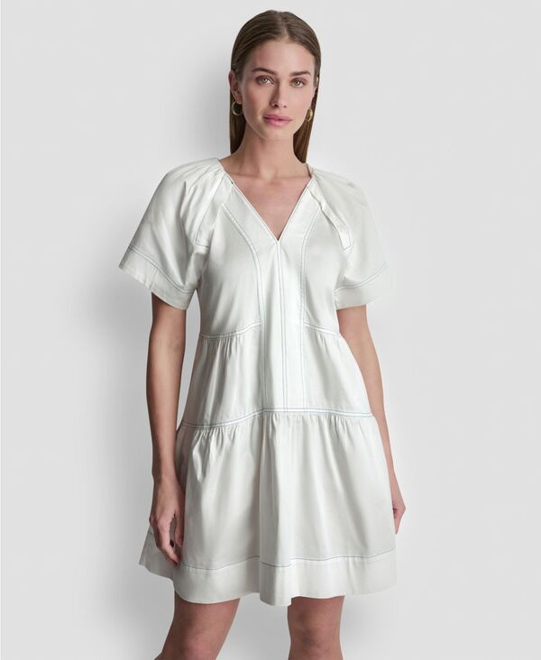 ダナ キャラン ニューヨーク レディース トップス ワンピース Vネック ミニ コントラスト DKNY Women's V-Neck Contrast-Stitch Mini Dress White ホワイト|ReVida 店