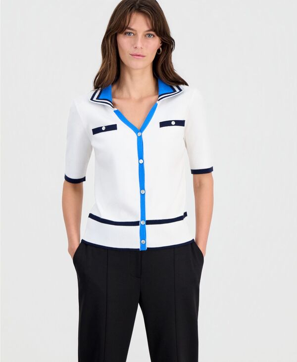 ティー・タハリ レディース アウター パーカー・スウェット コントラスト Tahari Women's Contrast-Trim Johnny Collar Pullover Top White Star With Spring Bloom ホワイト｜ReVida 店