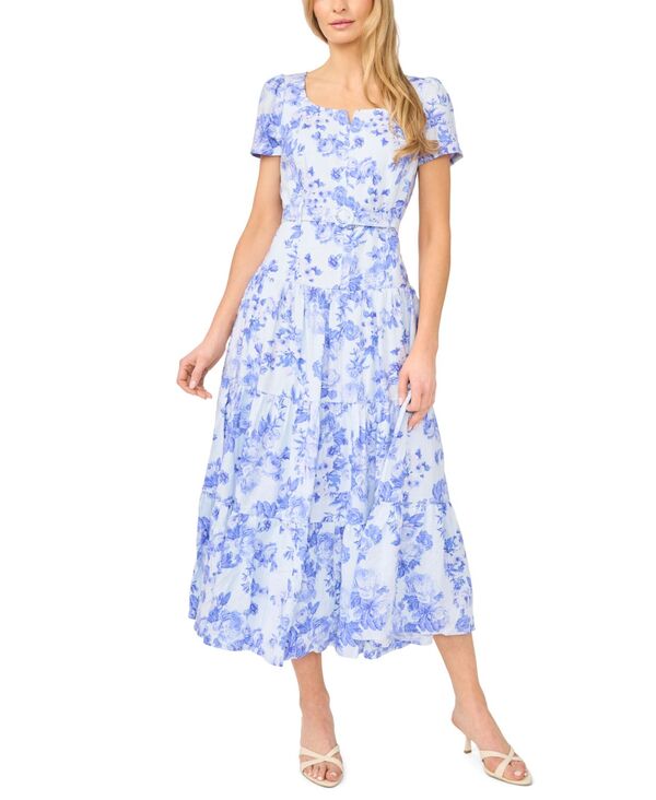 セセ レディース トップス ワンピース ティアード フラワー柄 ミディ 半袖 リネン フラワー CeCe Women's Linen-Blend Floral Short-Sleeve Square Neck Tie red Midi Dress Fresh Lavender ラベンダー|ReVida 店