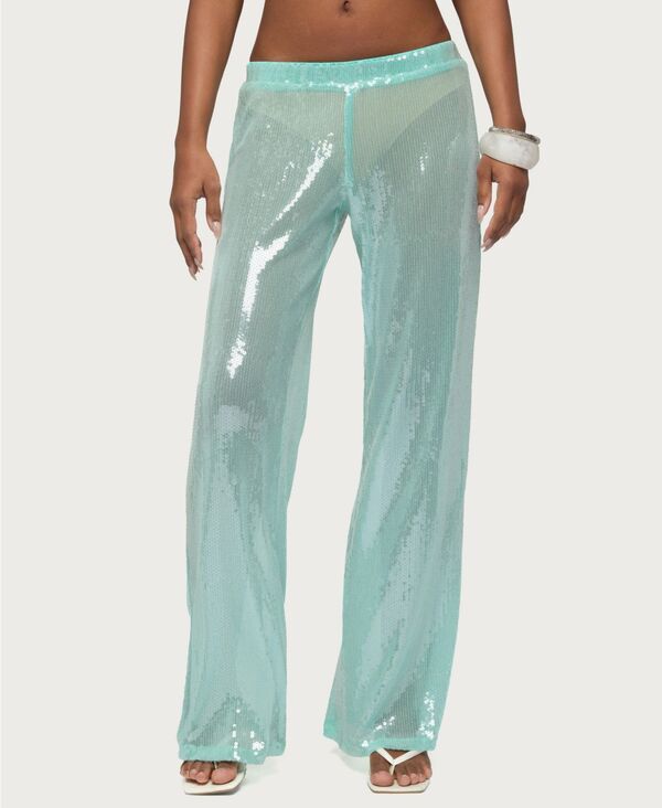 アディクテッド レディース ボトムス カジュアルパンツ ワイドレッグ スパンコール Edikted Women's Avalee Sequin Wide Leg Pants Aqua アクア｜ReVida 店