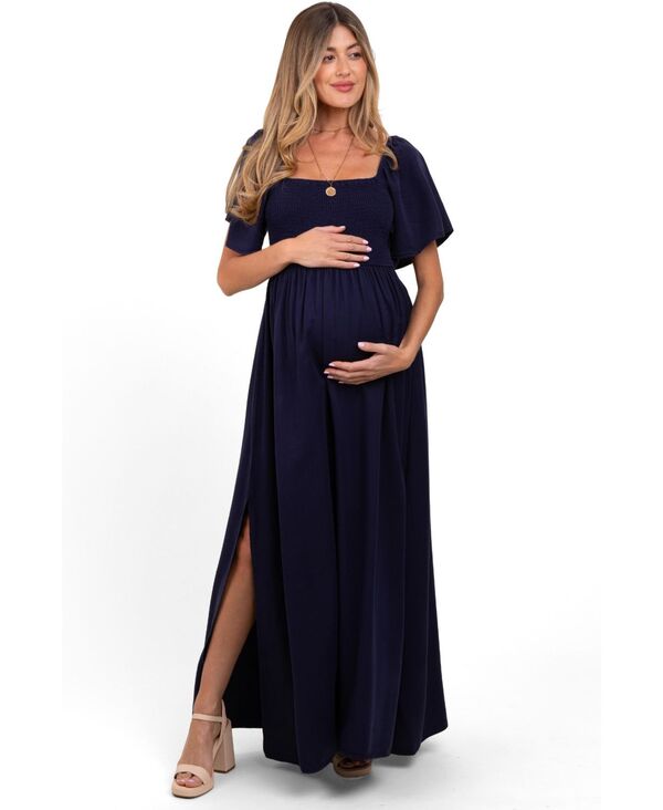 ピンクブラッシュ レディース トップス ワンピース シャーリング マタニティ マキシ Pinkblush Maternity Navy Chambray Smocked Maxi Dress Navy blue ネイビー|ReVida 店