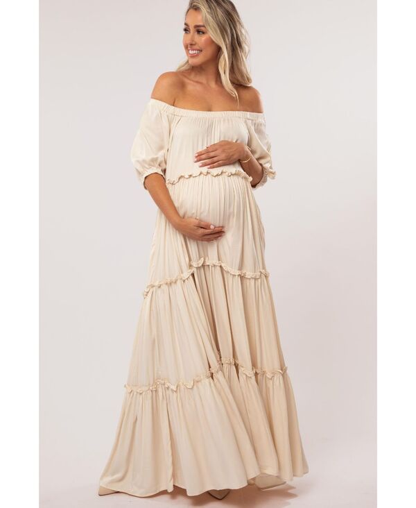 ピンクブラッシュ レディース トップス ワンピース ティアード フリル マタニティ マキシ Pinkblush Cream Off Shoulderuffle Tie red Maternity Maxi Dress Cream クリーム｜ReVida 店