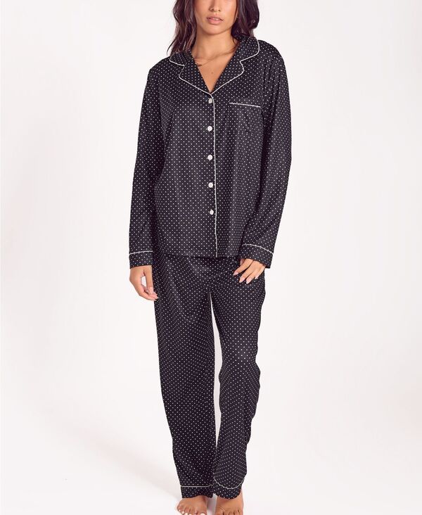 アイコレクション レディース アンダーウェア ナイトウェア ニット 長袖 iCollection Women's Brushed Micro Stretch Knit Long-Sleeve Pajama Set Black ブラック|ReVida 店
