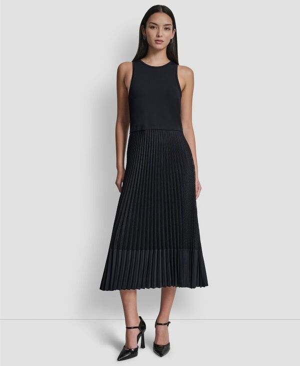 ダナ キャラン ニューヨーク レディース トップス ワンピース クルーネック プリーツ DKNY Women's Pleated Crewneck Window Pane Dress Night｜ReVida 店