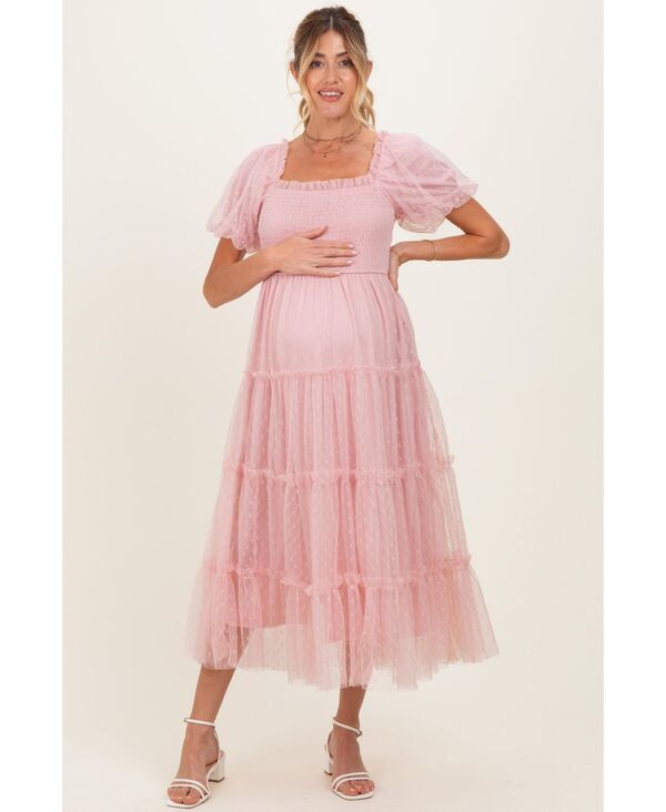 ピンクブラッシュ レディース トップス ワンピース ミディ チュール シャーリング マタニティ Pinkblush Maternity CreamTulle Puff Sleeve Smocked Midi Dress Light pink ピンク｜ReVida 店