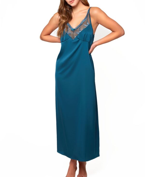 アイコレクション レディース アンダーウェア ナイトウェア サテン レース iCollection Women's Lucile Satin and Lace Longown Teal ティール|ReVida 店