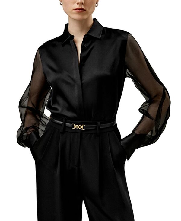 リリーシルク レディース トップス シャツ シアー LILYSILK Women's Ethereal Crisp Sheer Sleevesilk Shirt Black ブラック|ReVida 店