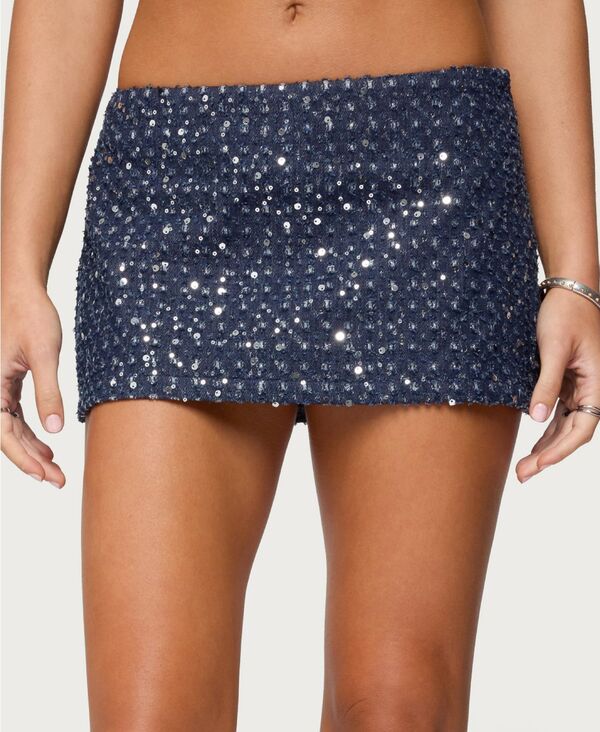 アディクテッド レディース ボトムスカート ミニ スパンコール デニム Edikted Women'sora Sequin Denimini Skort Dark-blue ブルー｜ReVida 店
