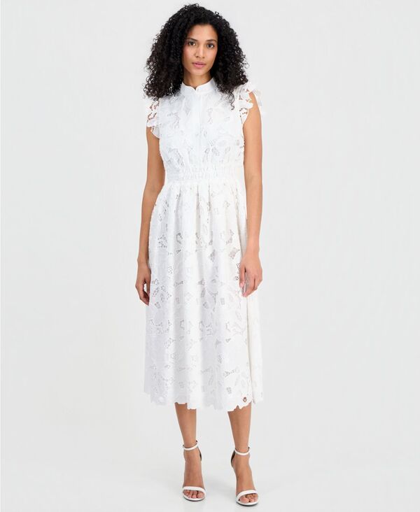 アンクライン レディース トップス ワンピース フリル ミディ Anne Klein Women's Mandarin-Collaruffle-Sleeve Midi Dress CRISP WHITE ホワイト｜ReVida 店