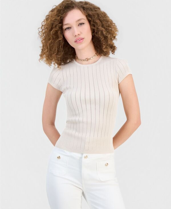 ゲス レディース アウター ニット・セーター クルーネック 半袖 GUESS Women'short-Sleeve Crew Neck Rib Pointelle Mix Kara Sweater Peral Oyster｜ReVida 店