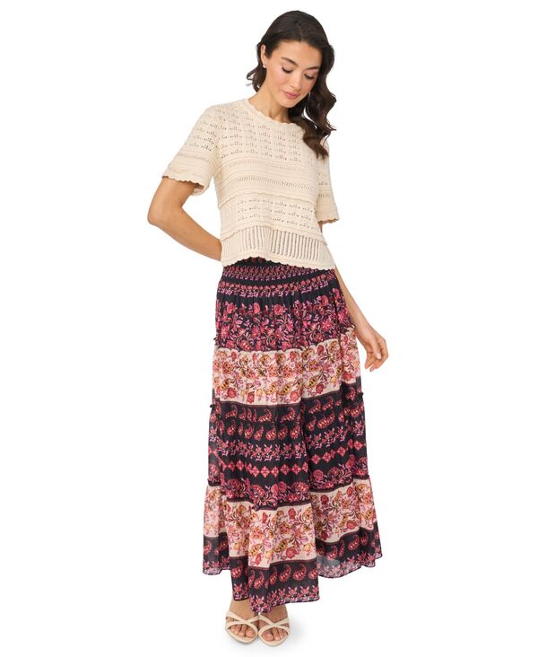 セセ レディース アウター ニット・セーター 半袖 CeCe Women's Multi-Stitch Pointelle Short-Sleeve Sweater White Swan ホワイト｜ReVida 店