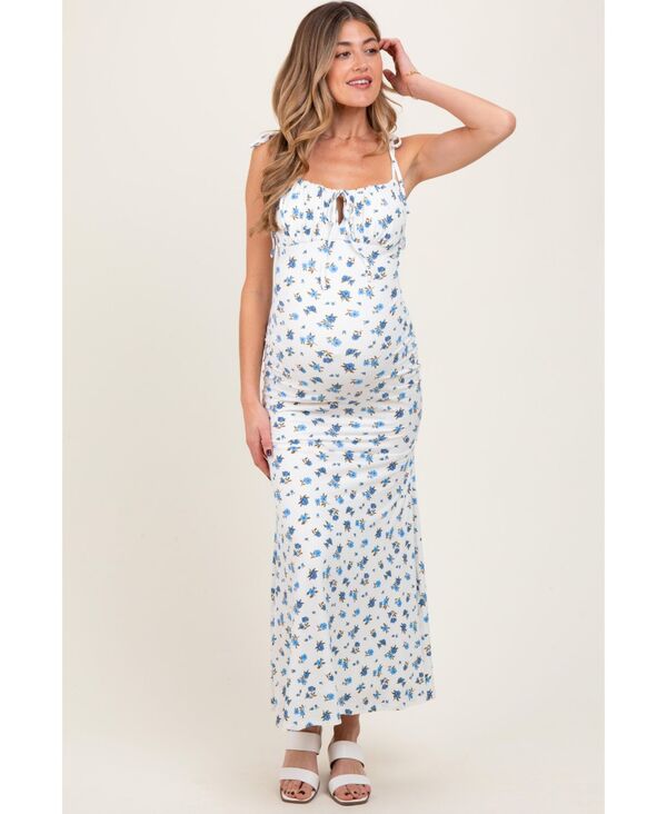 ピンクブラッシュ レディース トップス ワンピース フラワー柄 リブ マタニティ マキシ フラワー Pinkblush Maternity Blue Ribbed Floral Shoulder Tie Maxi Dress Blue ブルー|ReVida 店