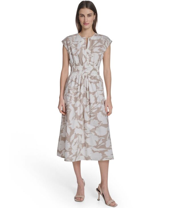カルバンクライン レディース トップス ワンピース A ライン フラワー柄 ミディ シャーリング フラワー Calvin Klein Women's Floral Smocked A-Line Midi Dress Khaki/Cream クリーム｜ReVida 店