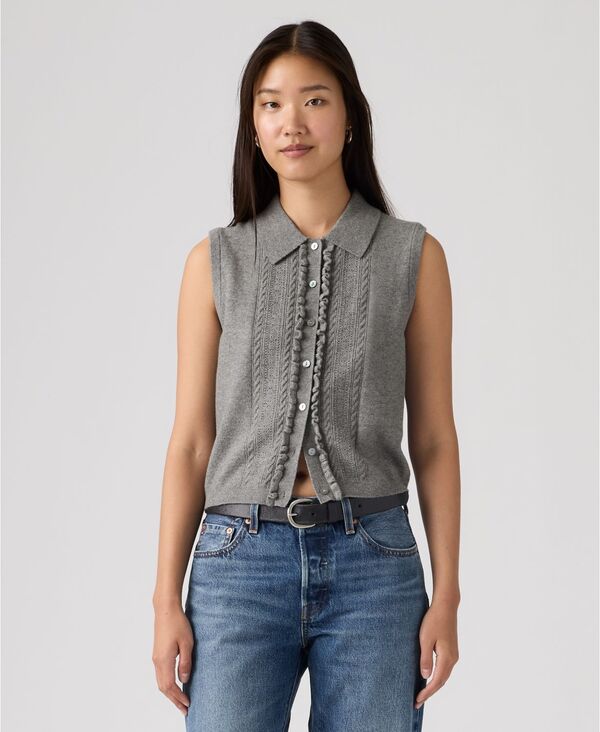 リーバイス レディース トップス ベスト フリル ミニ ノースリーブ Levi's Premium Women'super Soft Mini Ruffle-Sleeveless Colla red Vest Dark Heather Gray Bros Bcvc38 グレー｜ReVida 店