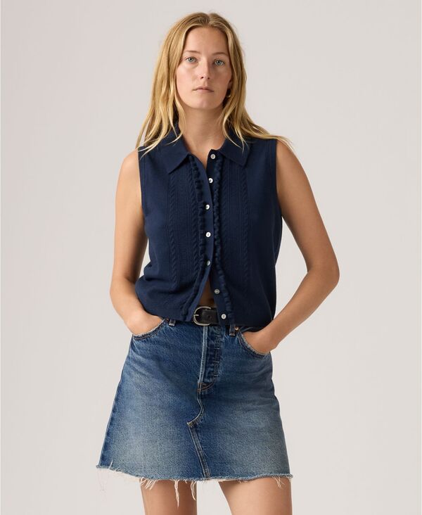 リーバイス レディース トップス ベスト フリル ミニ ノースリーブ Levi's Premium Women'super Soft Mini Ruffle-Sleeveless Colla red Vest Navy Blazer ネイビー｜ReVida 店