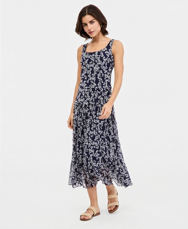 ジョーンズニューヨーク レディース トップス ワンピース ティアード プリント マキシ Jones New York Women's Printed Tie red Maxi Dress Pacific Navy ネイビー｜ReVida 店