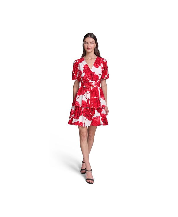 カール ラガーフェルド レディース トップス ワンピース パフスリーブ KARLAGERFELD PARIS Women's Crinkle Woven Puff-Sleeve Fit and Flare Dress Tomato Multi マルチカラー|ReVida 店