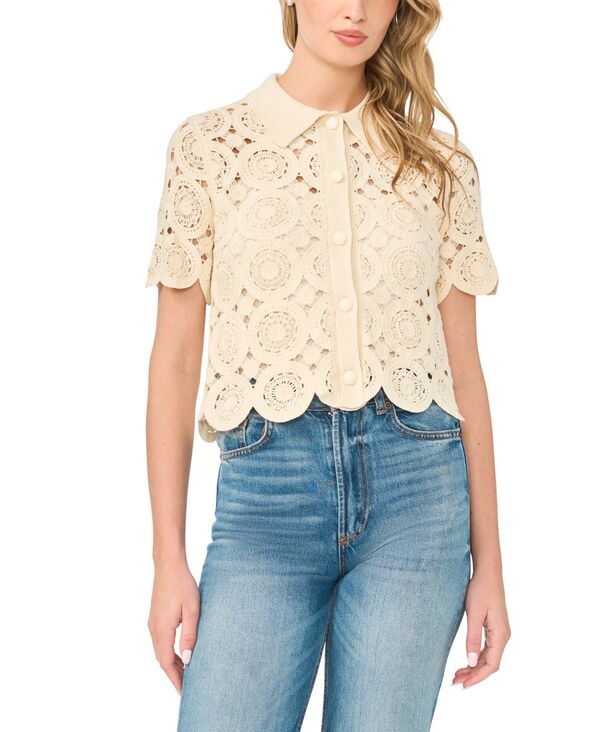 セセ レディース アウター ニット・セーター 半袖 カーディガン CeCe Women'short-Sleeve Crochet Cardigan Sandrift サンド｜ReVida 店 20,576円