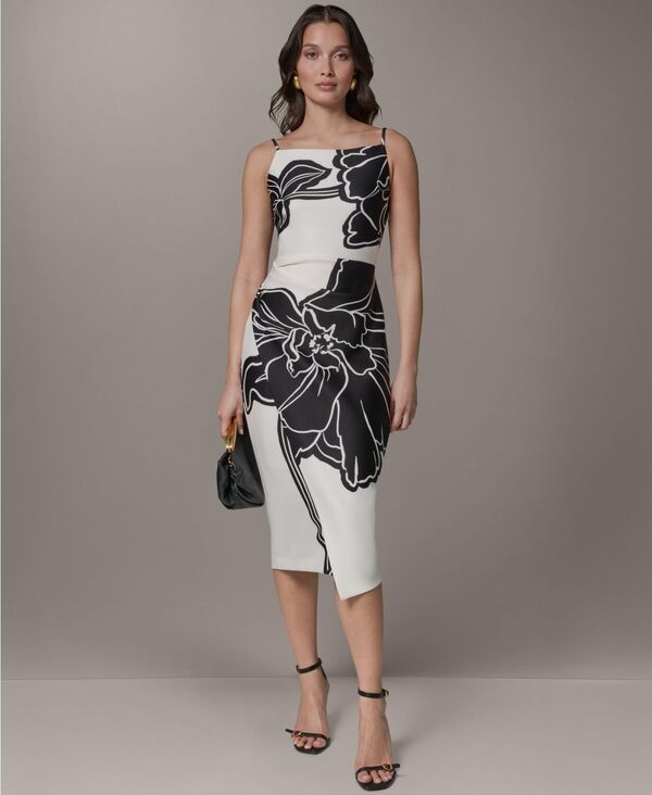 ダナ キャラン ニューヨーク レディース トップス ワンピース フラワー柄 ミディ ノースリーブ フラワー Donna Karanew York Women'sleeveless Floral Square Neck Midi Sheath Dress Cream/Black クリーム｜ReVida 店