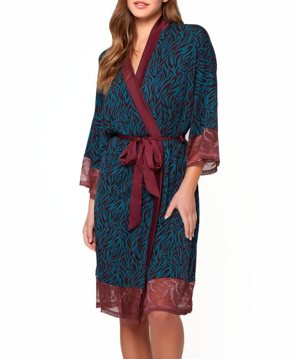 アイコレクション レディース アンダーウェア ナイトウェア レース iCollection Women's Zebra Patterned Robe with Lace Detail and Removable Waistie Teal-Burgundy ティール|ReVida 店