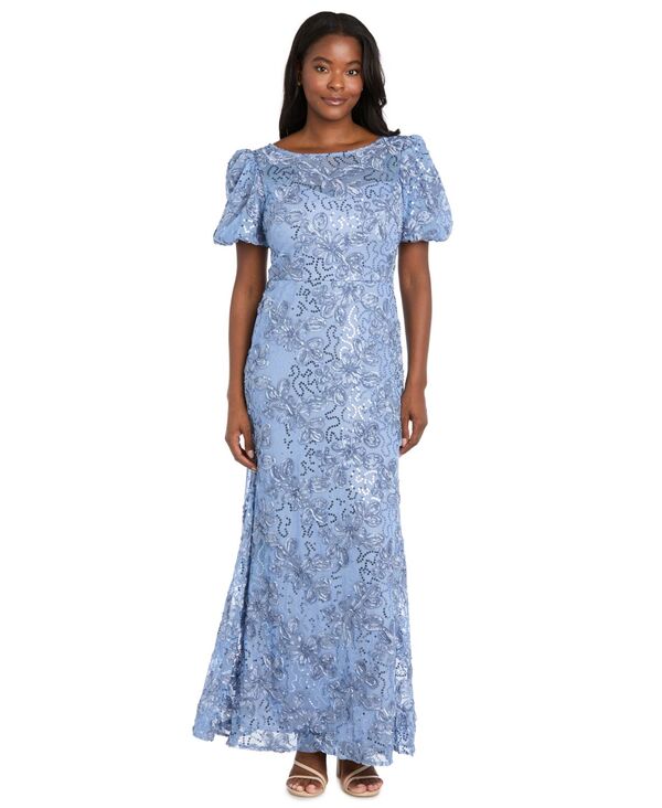アールアンドエムリチャーズ レディース トップス ワンピース パフスリーブ スパンコール スカート レース R & M Richards Women's Lace and Sequin Gown with Puff-Sleeve and Trumpet Skirt Periwinkle|ReVida 店