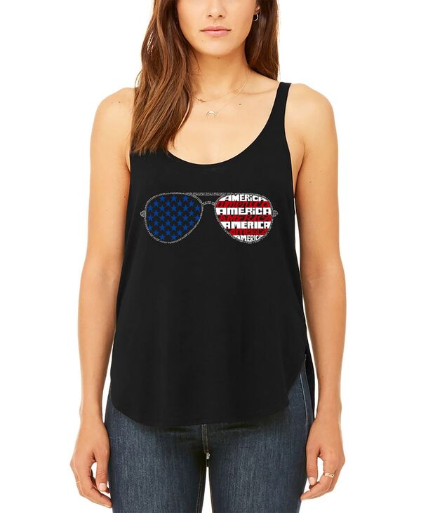 エルエーポップアート レディース トップス シャツ LA Pop Art Women's Americana Sunglasses Premium Word Art Flowy Tank Top Black ブラック|ReVida 店