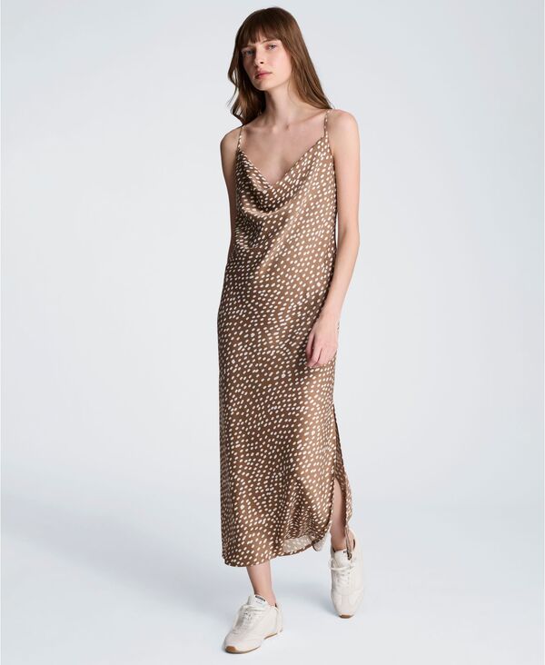 ケネスコール レディース トップス ワンピース プリント ミディ サテン Kenneth Cole Women'satin Dot Print Cowl Neck Slip Midi Dress Mesquite/Oyster|ReVida 店