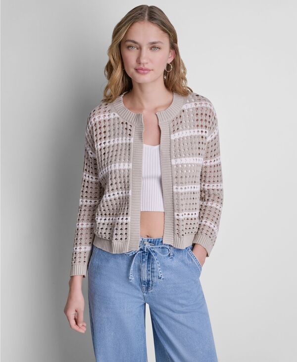 ダナキャランニューヨーク レディース アウター ニット・セーター ドロップショルダー カーディガン DKNY Jeans Women's Relaxed-Fit Stripe Open Stitch Drop Shoulder Open-Front Cardigan Pebble/Eggnog ストライプ｜ReVida 店