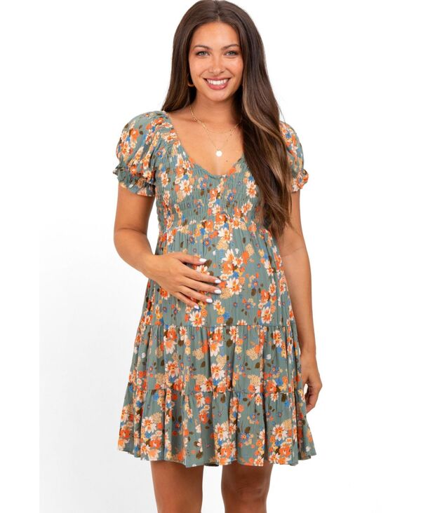 ピンクブラッシュ レディース トップス ワンピース Vネック フラワー柄 シャーリング マタニティ フラワー Pinkblush Maternity Olive Floral Smocked V-Neck Puff Sleeve Dress Olive green グリーン|ReVida 店