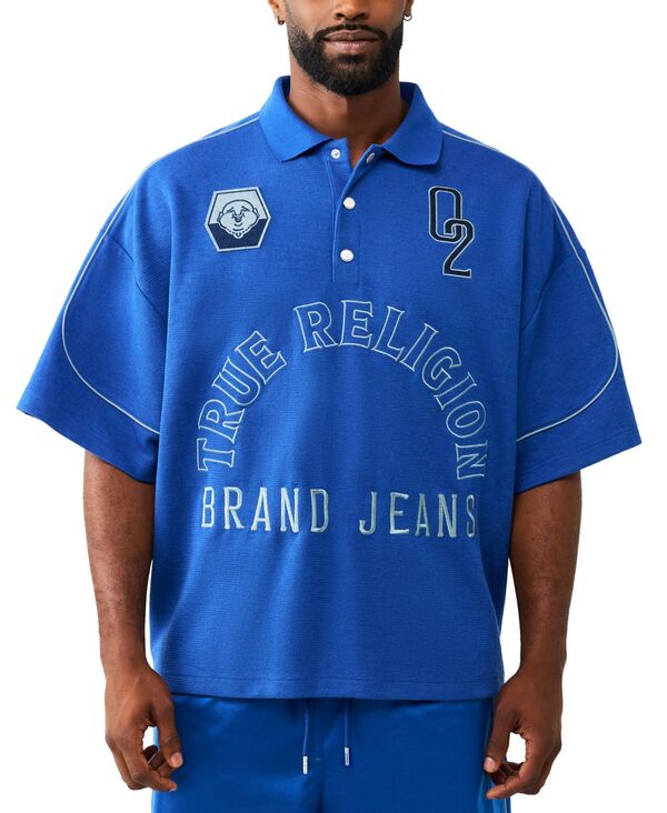 トゥルーレリジョン メンズ トップス ポロシャツ 半袖 ロゴ True Religion Men's Multi Logoversized Short-Sleeve Polo Shirt Pacific Blue ブルー|ReVida 店