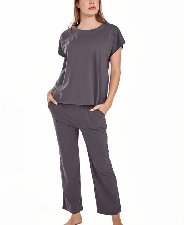 アイコレクション レディース アンダーウェア ナイトウェア ニット iCollection Women'soft Knitop and Cropant Pajama Set Charcoal チャコール|ReVida 店