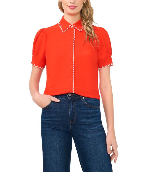 セセ レディース トップス シャツ コントラスト CeCe Women'scallop Contrastrim Button-Up Top Fiery Red レッド|ReVida 店