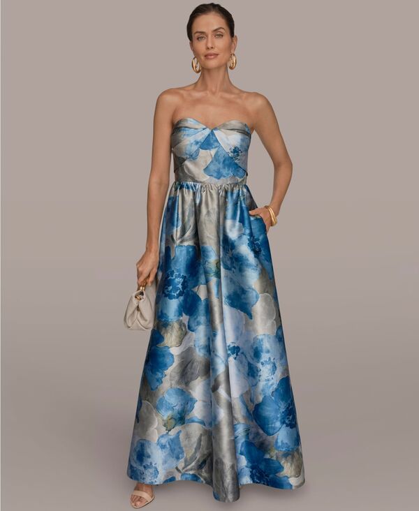 ダナ キャラン ニューヨーク レディース トップス ワンピース フラワー柄 フラワー Donna Karanew York Women'sweetheart Neck Floral Ball Gown Washed Indigo Multi インディゴ｜ReVida 店