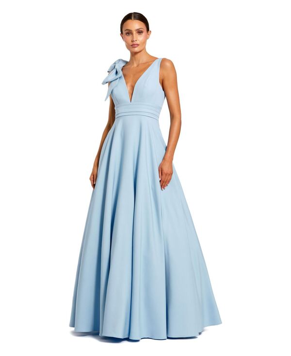 マックダガル レディース トップス ワンピース クレープ ノースリーブ Mac Duggal Women's Crepe Sleeveless Plunge Neck Ballgown With Bow Powder blue ブルー｜ReVida 店
