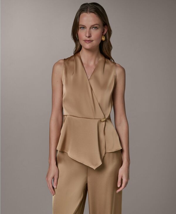 ダナ キャラン ニューヨーク レディース トップス シャツ ノースリーブ Donna Karanew York Women'sleeveless Peplum Faux Wrap Top Fawn|ReVida 店