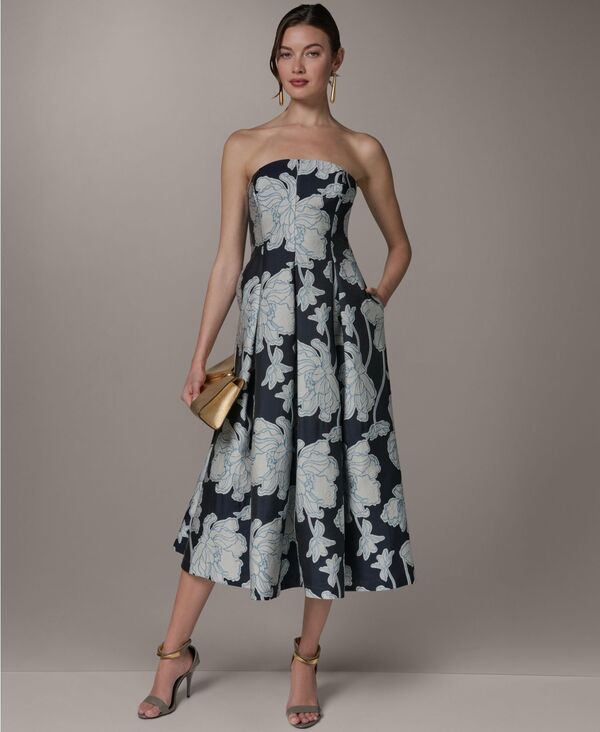 ダナ キャラン ニューヨーク レディース トップス ワンピース フラワー柄 ミディ ストラップレス フラワー Donna Karanew York Women'strapless Jacquard Fit & Flare Floral Midi Dress NIGHTFALL/CREAM クリーム|ReVida 店