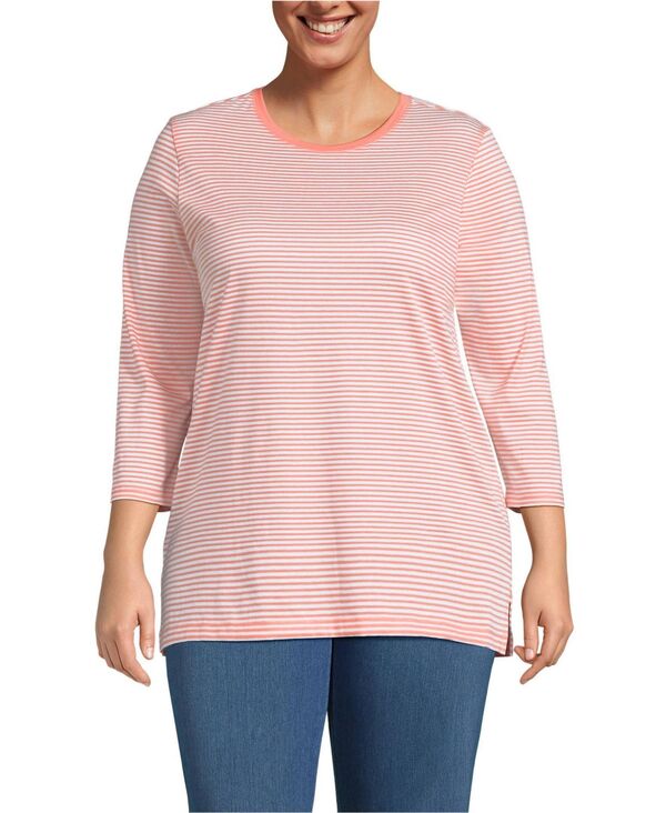 ランズエンド レディース トップス シャツ プラスサイズ コットン Lands' End Plusize 3/4 Sleeve Cotton Supima Tunic Top Sunset coral pink micro stripe ピンク｜ReVida 店