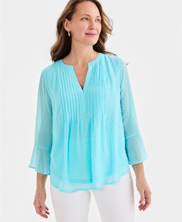 スタイルアンドコー レディース トップス シャツ フリル Style & Co Women's Textu red Pintuck Ruffle Sleeve Top Soft Blue Turq ブルー|ReVida 店