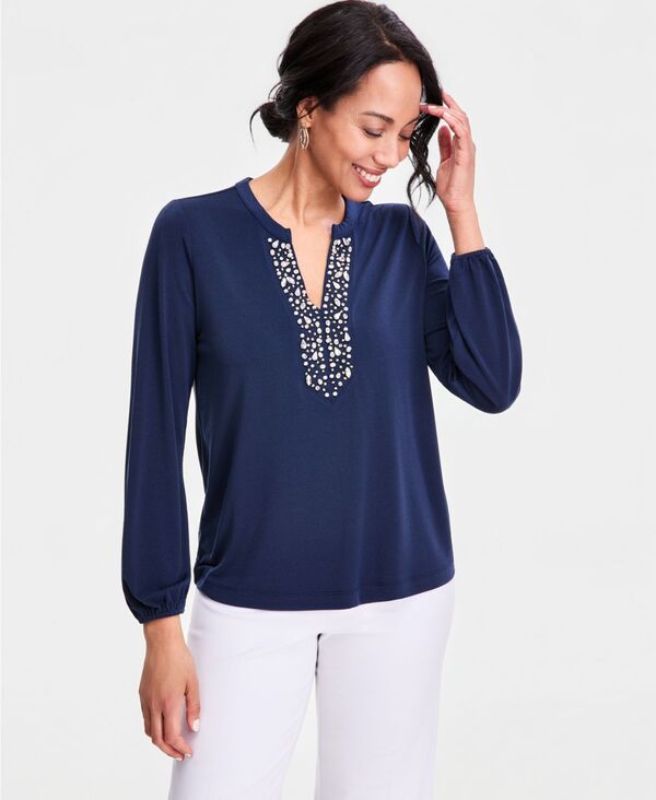 ジェイエムコレクション レディース トップス シャツ ニット 長袖 JM Collection Women's Long-Sleeve Knit Embellished-Neck Top Intrepid Blue ブルー|ReVida 店